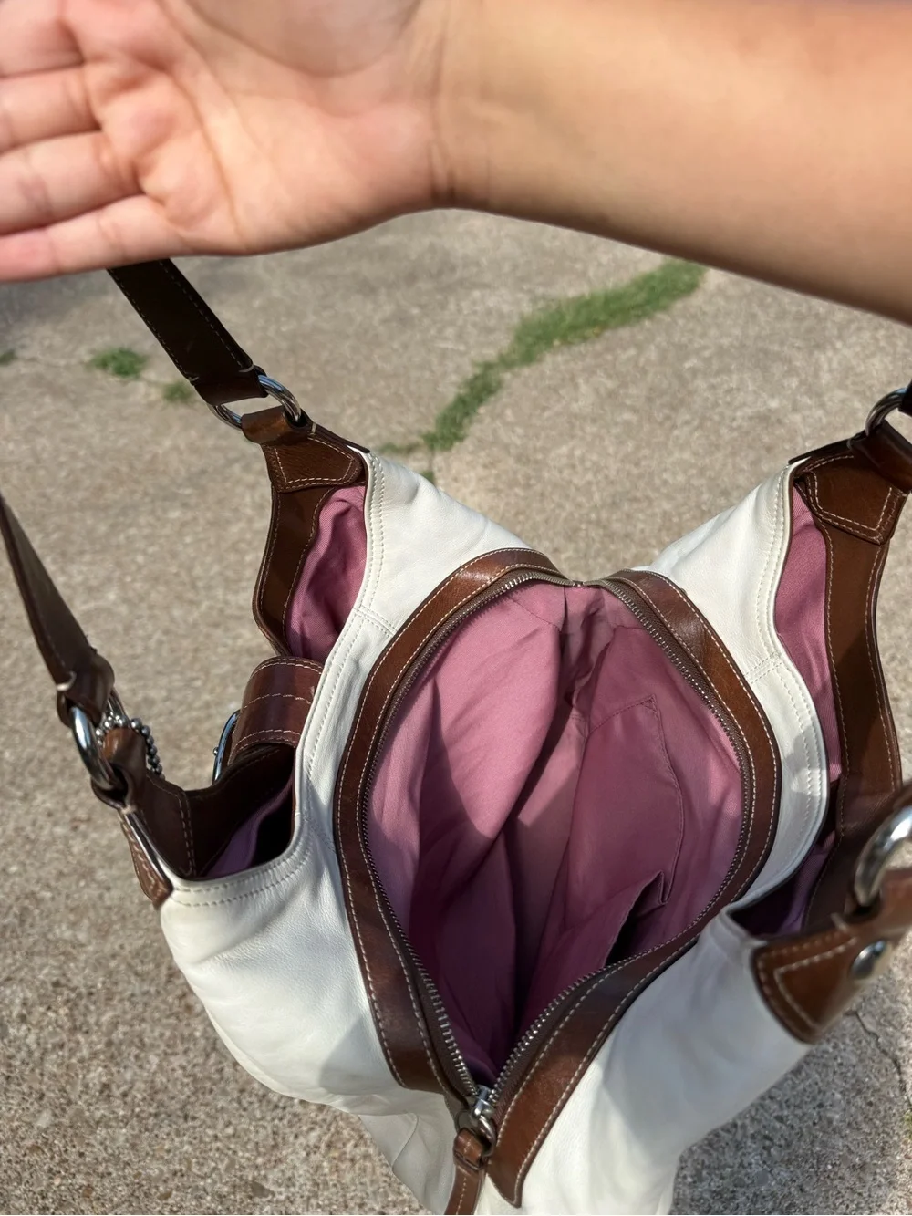Coach SoHo White Leather Hobo Bag with Brown Trim